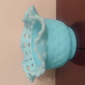 Vintage Fenton Art Glass Satin Blue Basket Weave bowl